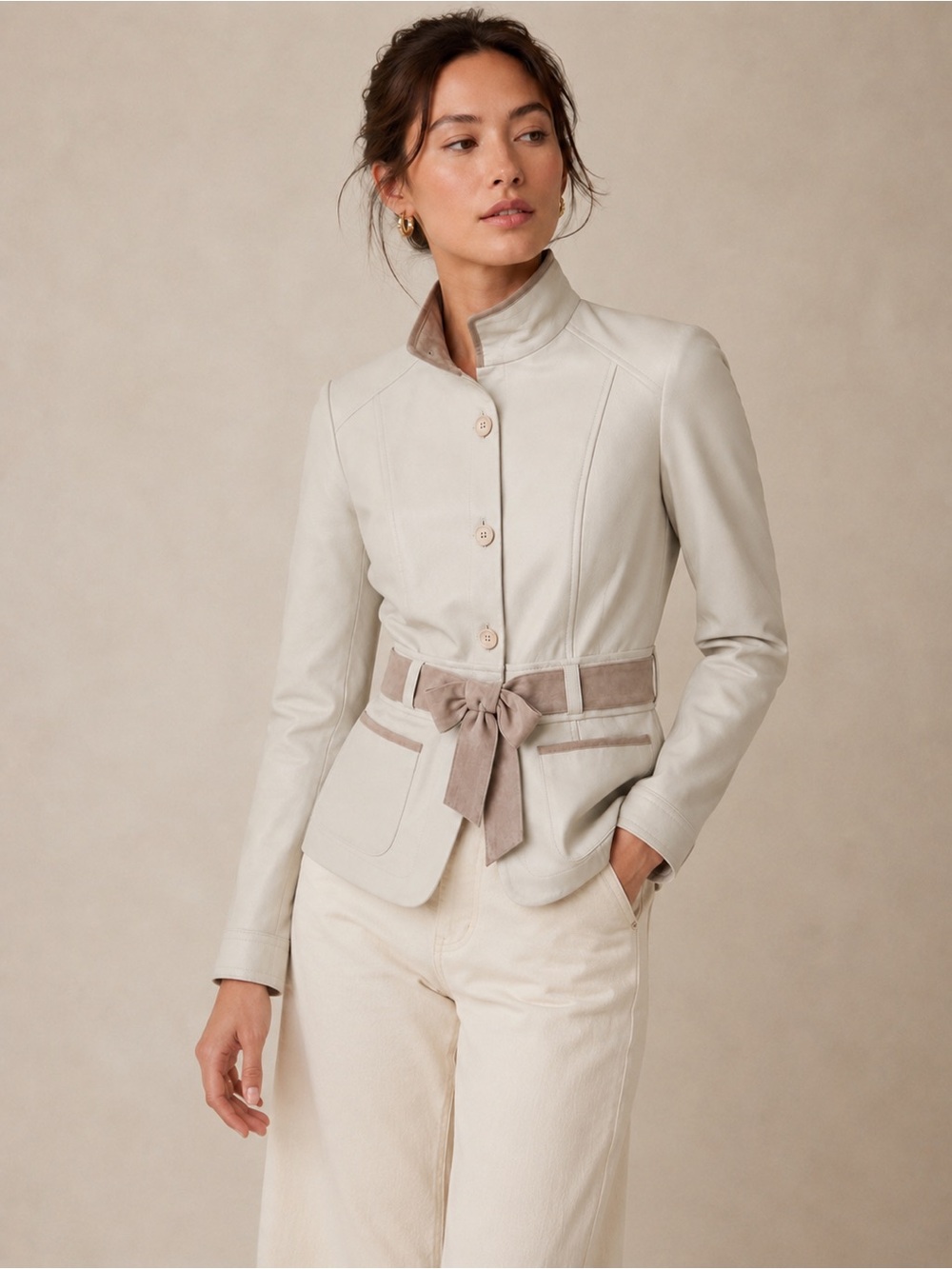 MODA International Genuine Leather Jacket Medium Ivory Suede Belted Bow Tailored